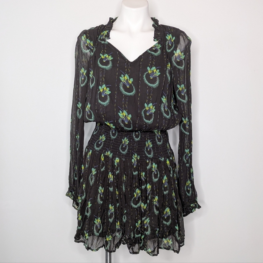 NWT Free People Wild Horses Black Green Smocked Long Sleeve V Neck Mini Dress M